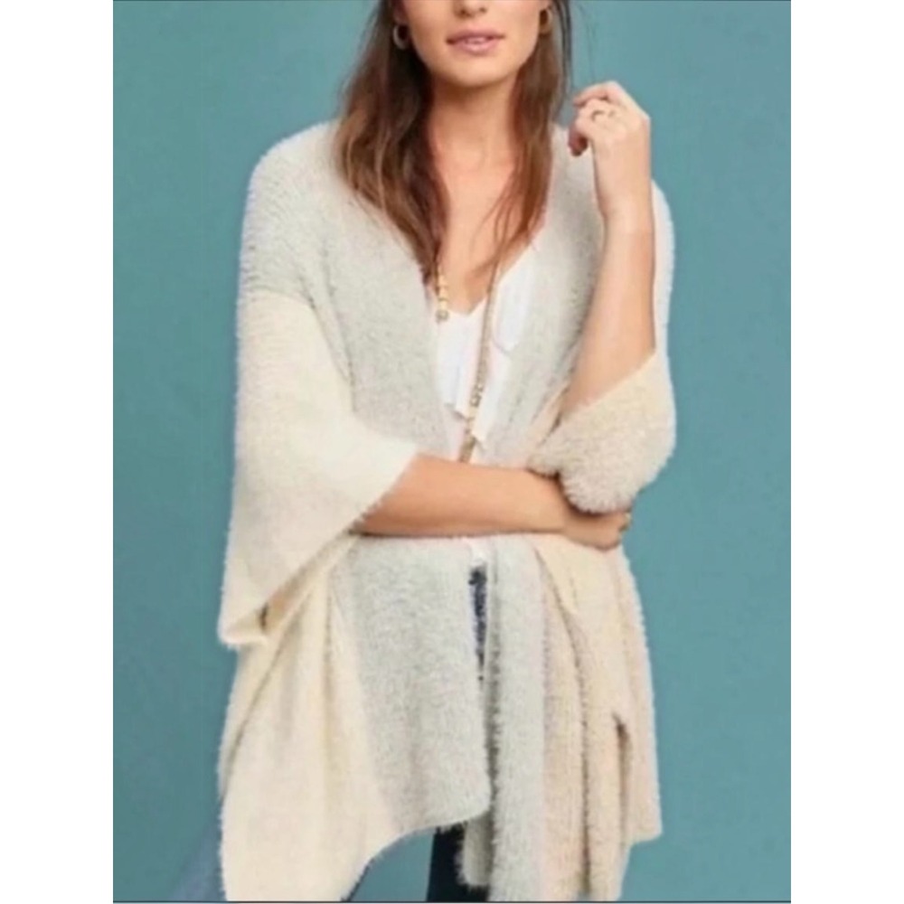 SATURDAY SUNDAY | Anthropologie Grey Cream Fuzzy Knit Colorblock Poncho Cardigan